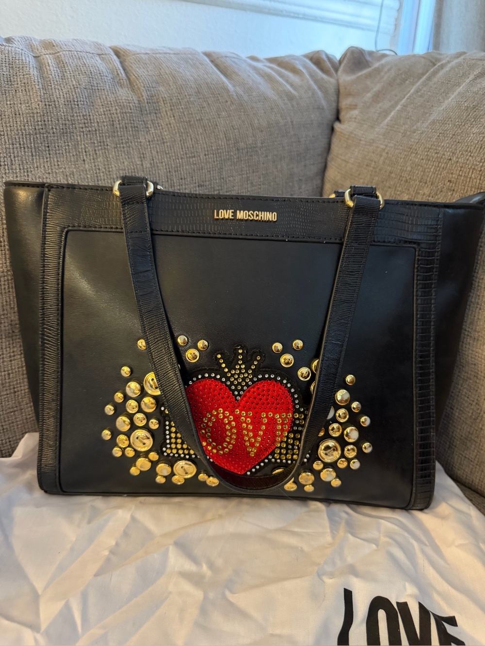 Love Moschino Black Tote with Red Heart and Gold Stud Embellishments